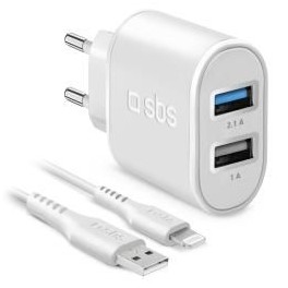 Kit composto da caricabatterie da rete 2 uscite USB 2,1 A e cavo USB lightning MFI C-89, colore bianco