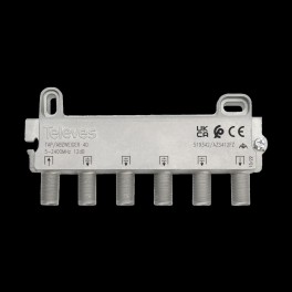 DERIVATORE 5...2400MHz "F" 4Vie  12dB Derivatore da 4 derivazioni con connettori F, per segnali SMATV. Le sue perdite di derivaz